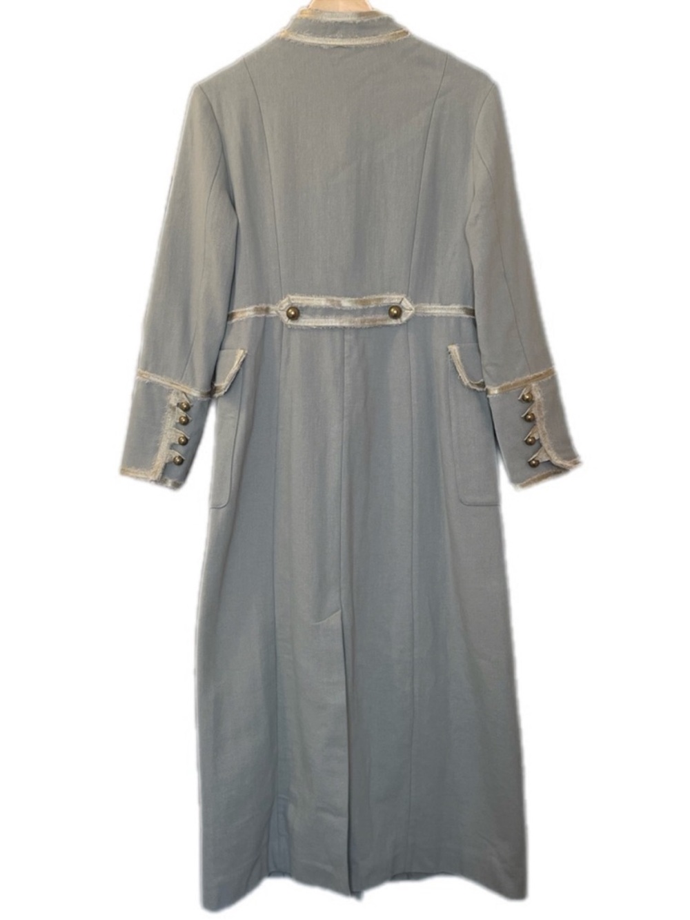 Zara Long Military-Style Trench Coat in Sage Green with Cream Trim - Picture 4 of 7